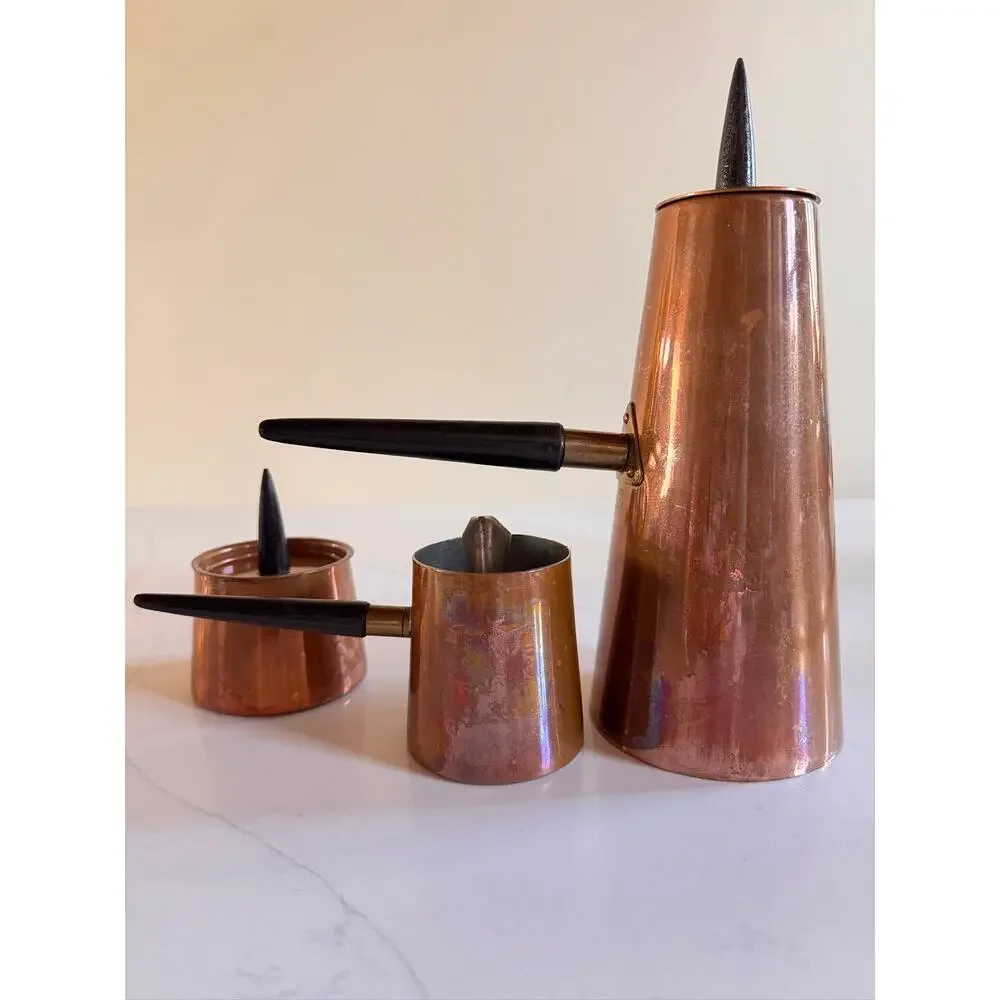 Vintage Copral Portugal Copper Coffee Pot Set Creamer Sugar Spike Wood Handle